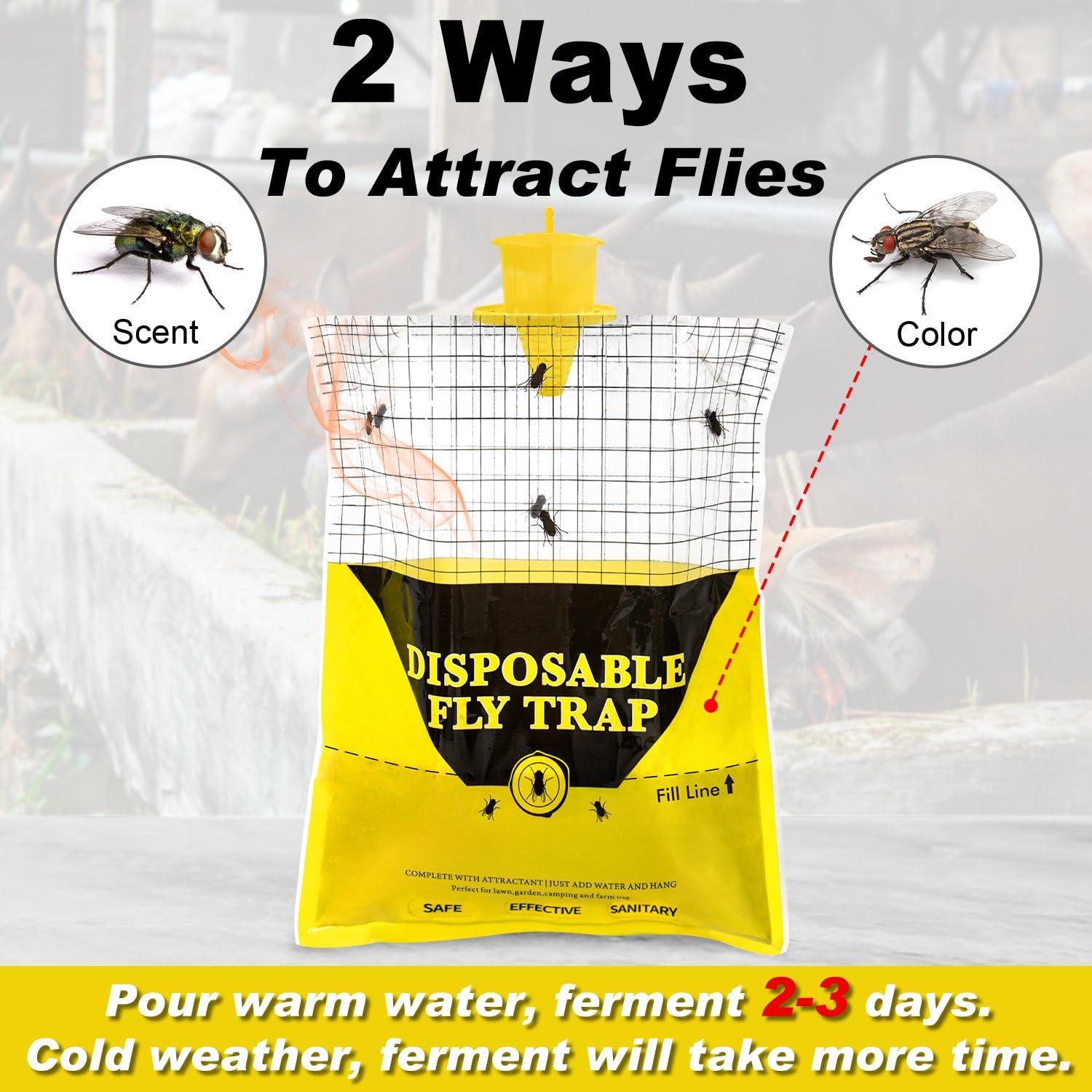 Glovv fly trap full disposable bag awaiting replacement during outdoor use