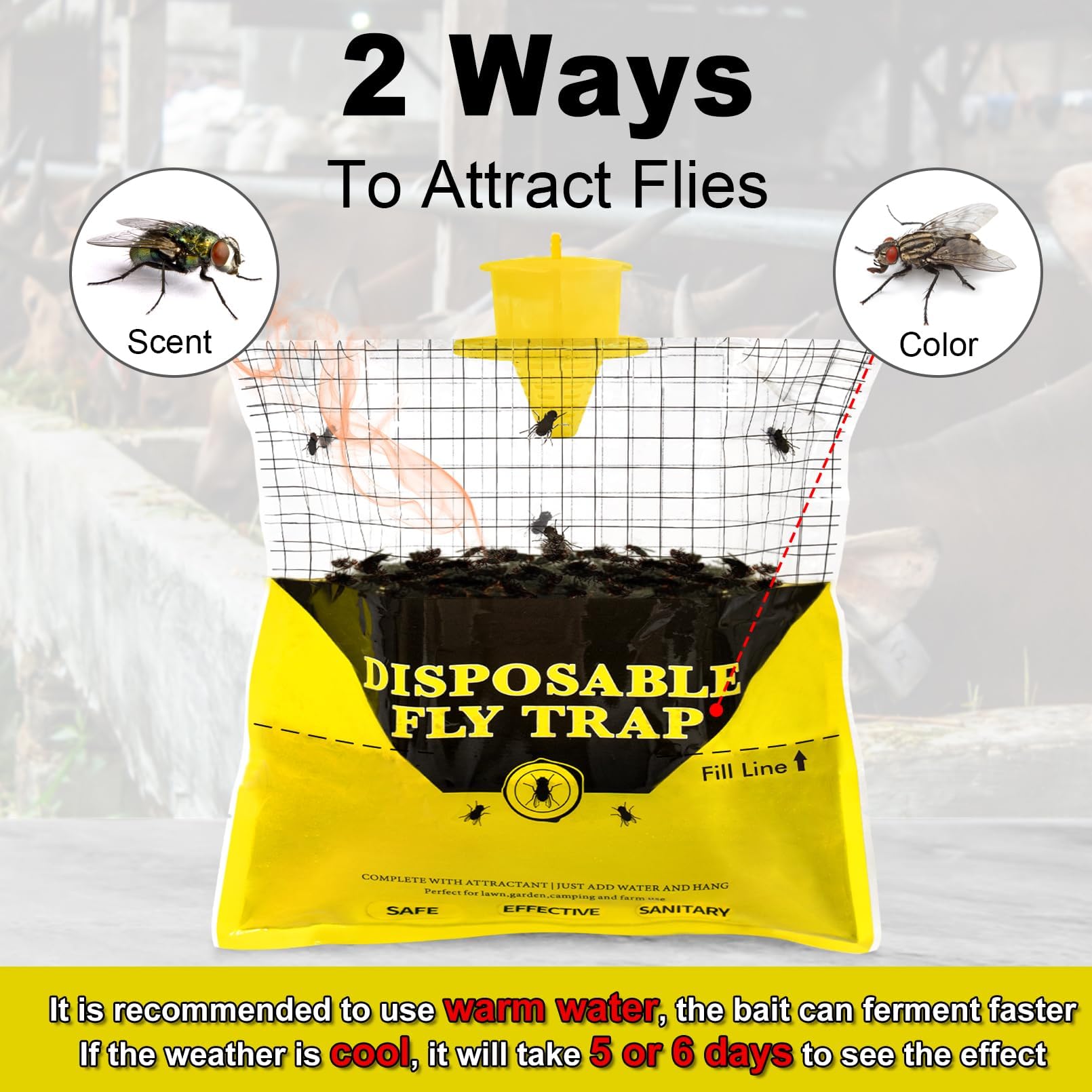 Glovv ranch fly trap ingredients entice flies using fish eggs and bran.