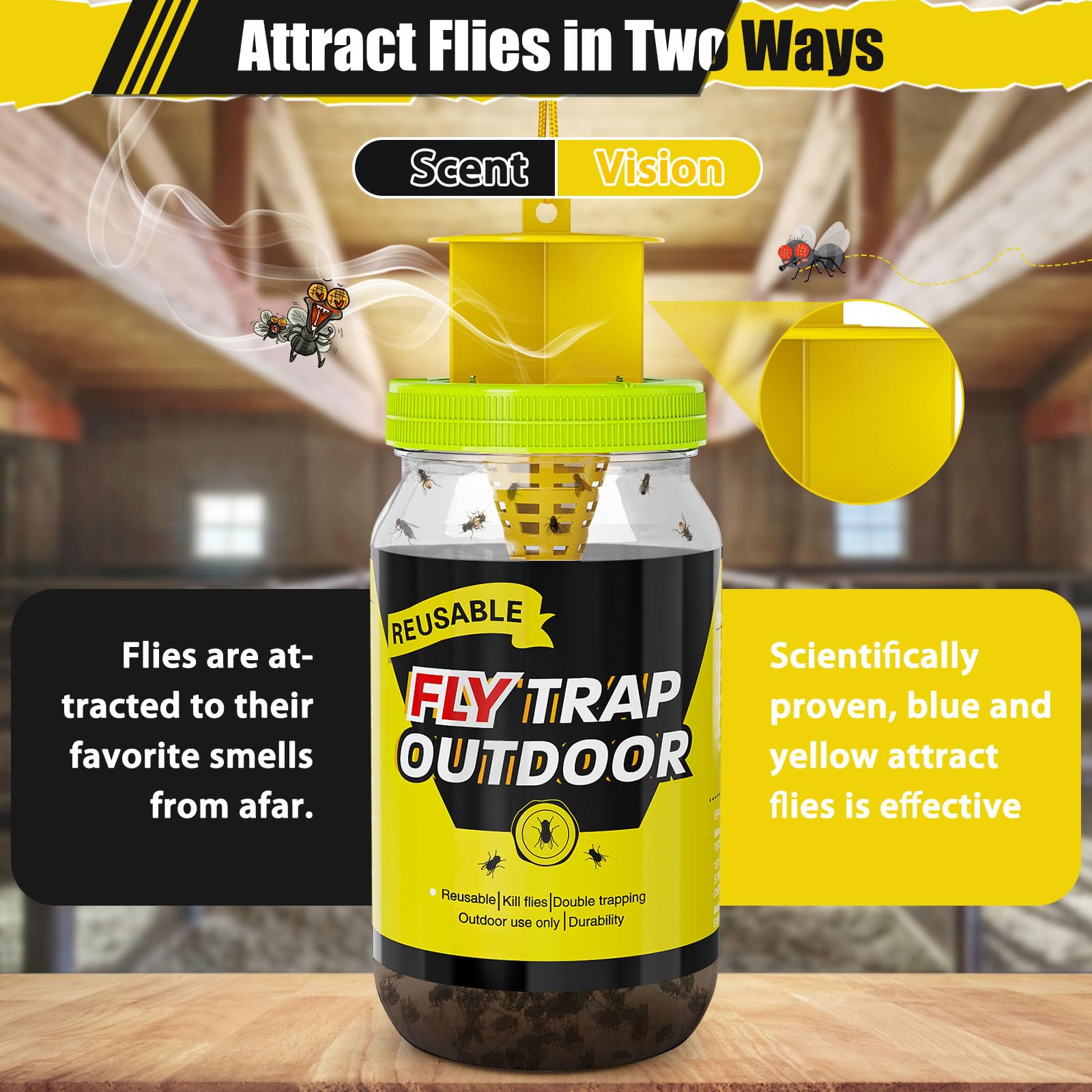 Glovv fly trap close-up shows yellow lure and bait scent.