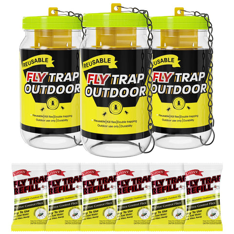 Glovv reusable fly trap bottle hanging outdoors attracts flies.