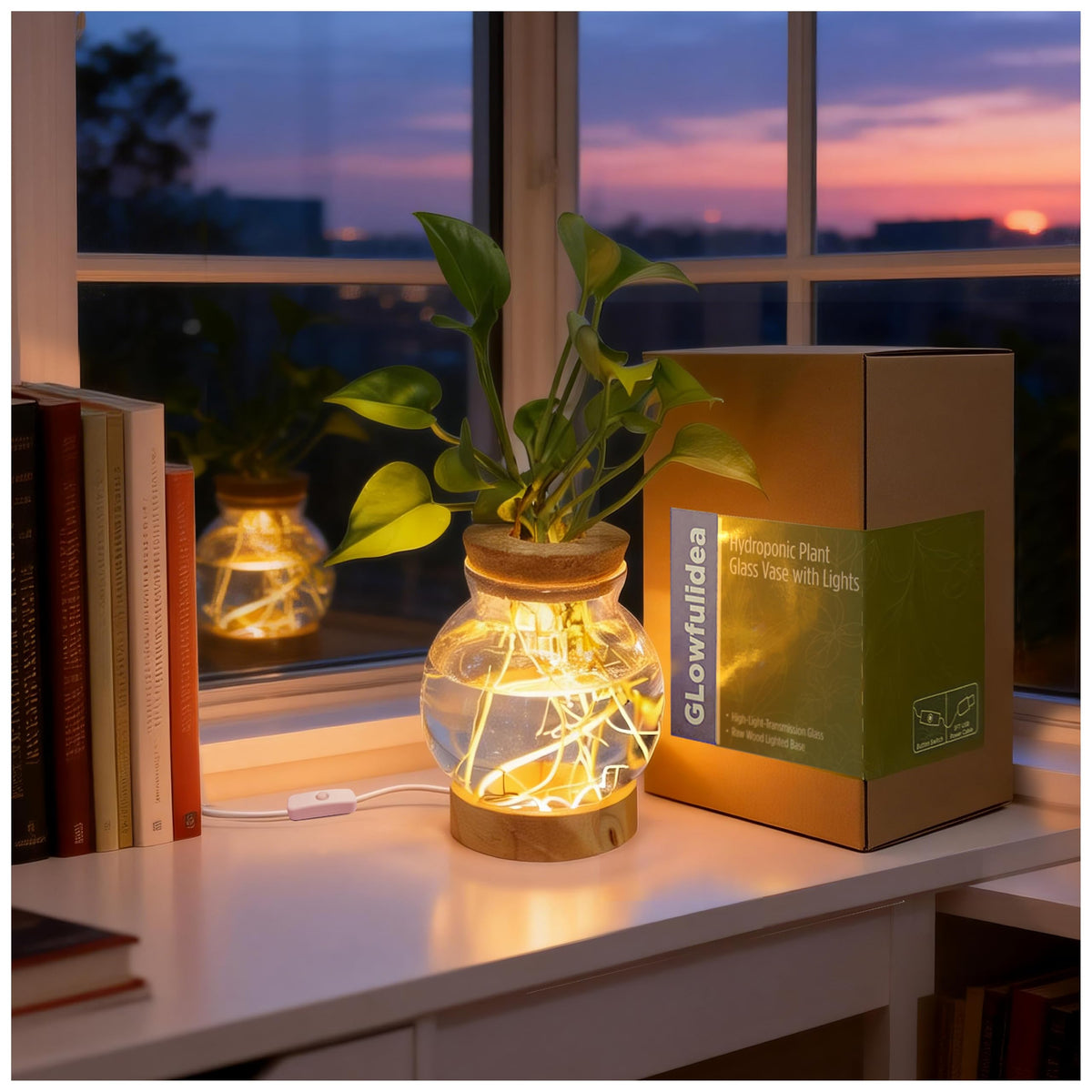 Glowfulidea propagation station with light for desk-top hydroponic growth and decorative appeal.