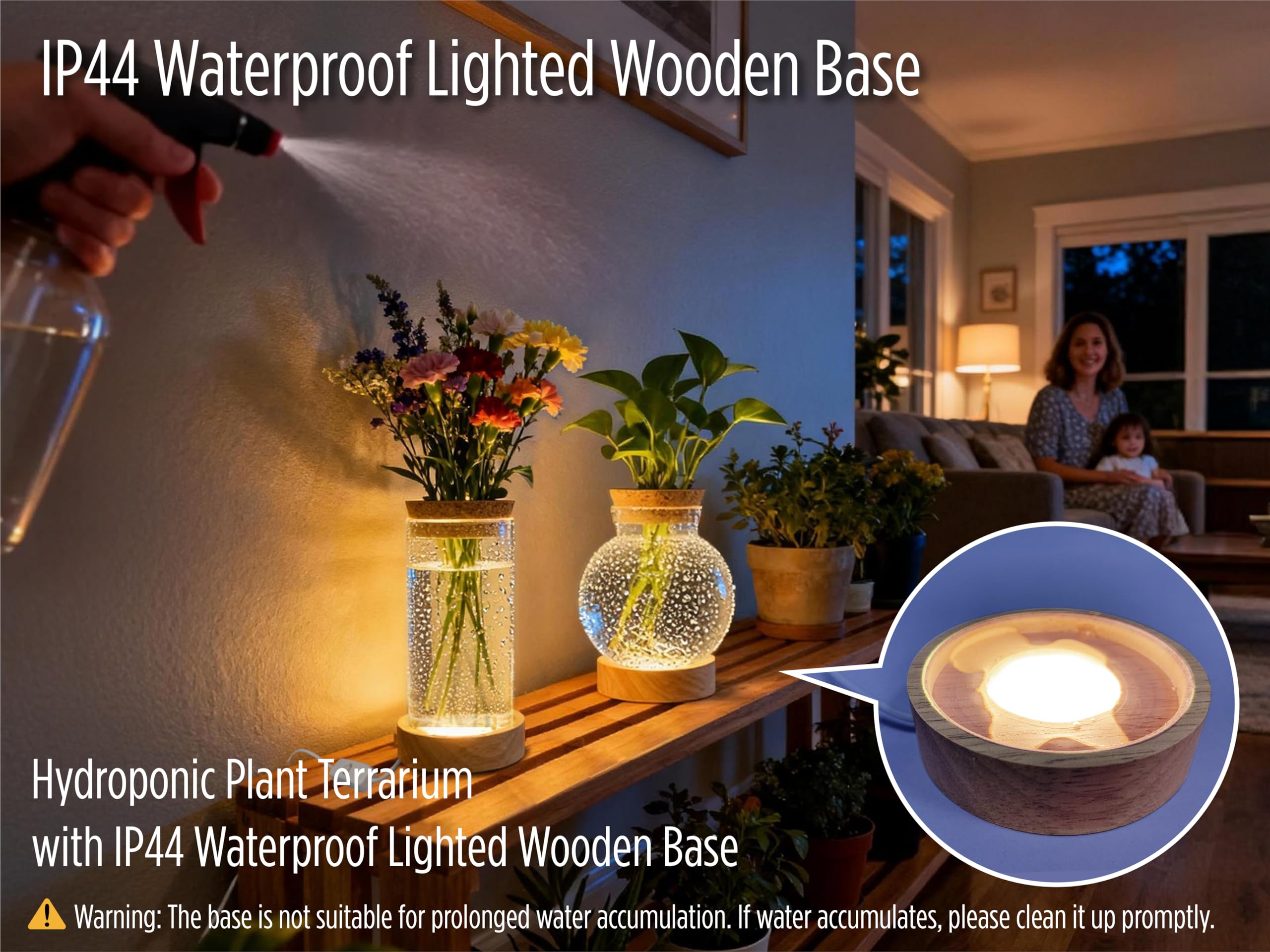 Glowfulidea IP44 waterproof wooden base protects against splashes during watering