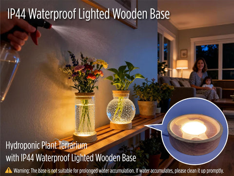 Glowfulidea wooden base provides IP44 waterproof protection and stable placement for watering.