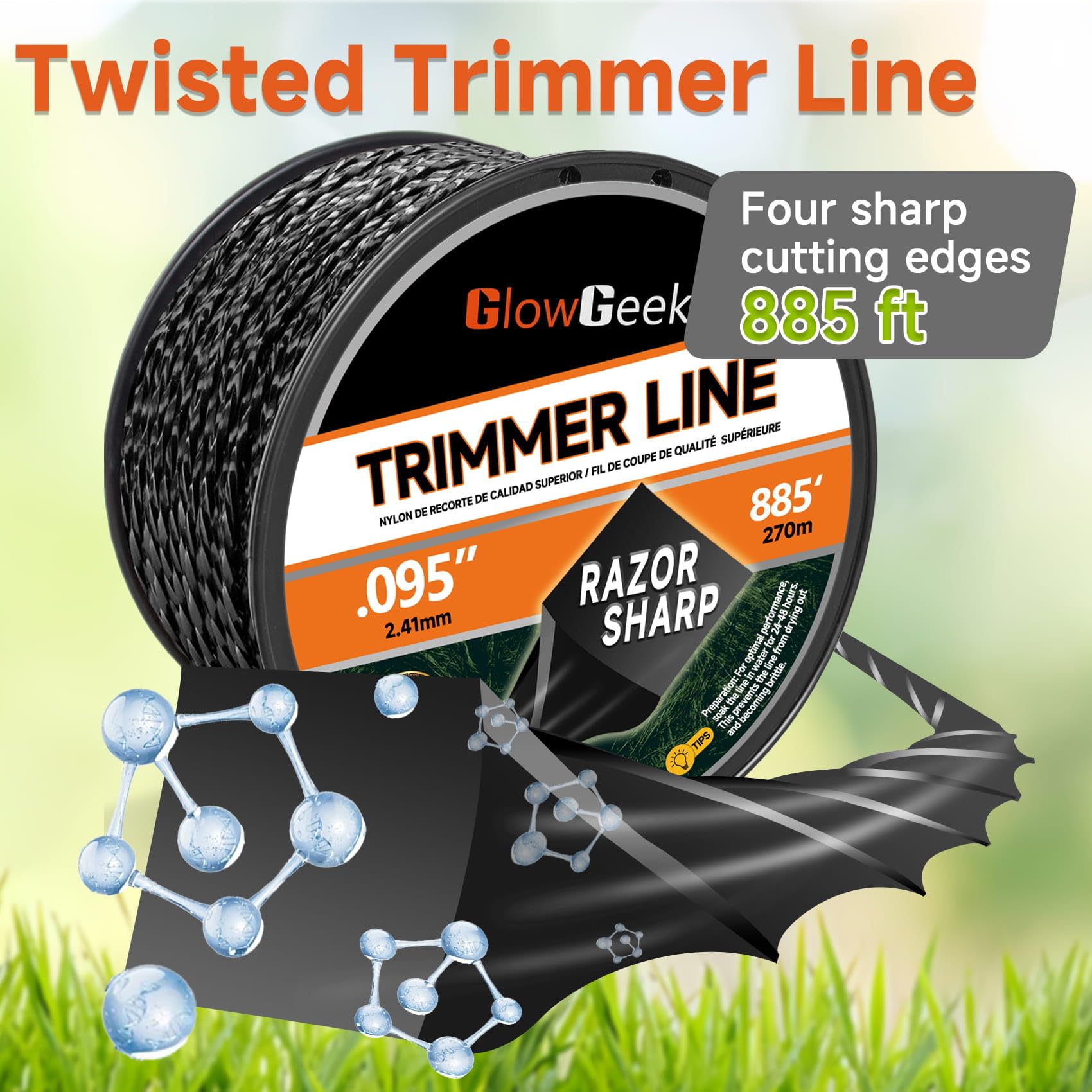 GlowGeek twisted nylon trimmer string, 885 ft, reduced vibration