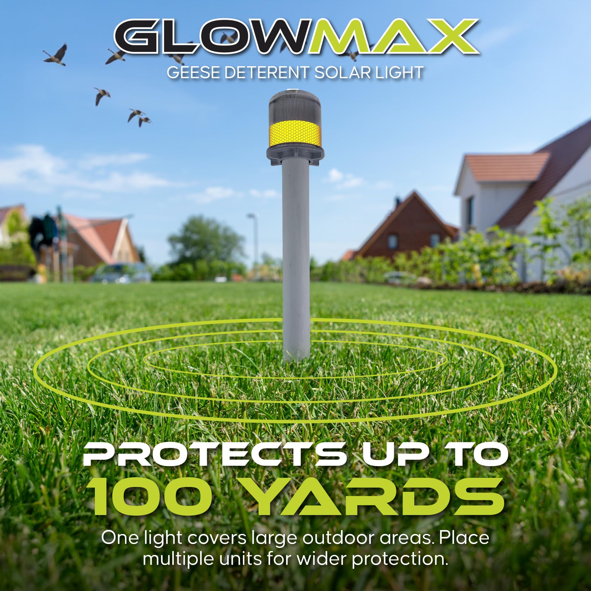 GLOWMAX solar-powered flashing light illuminates property to deter nesting at night.