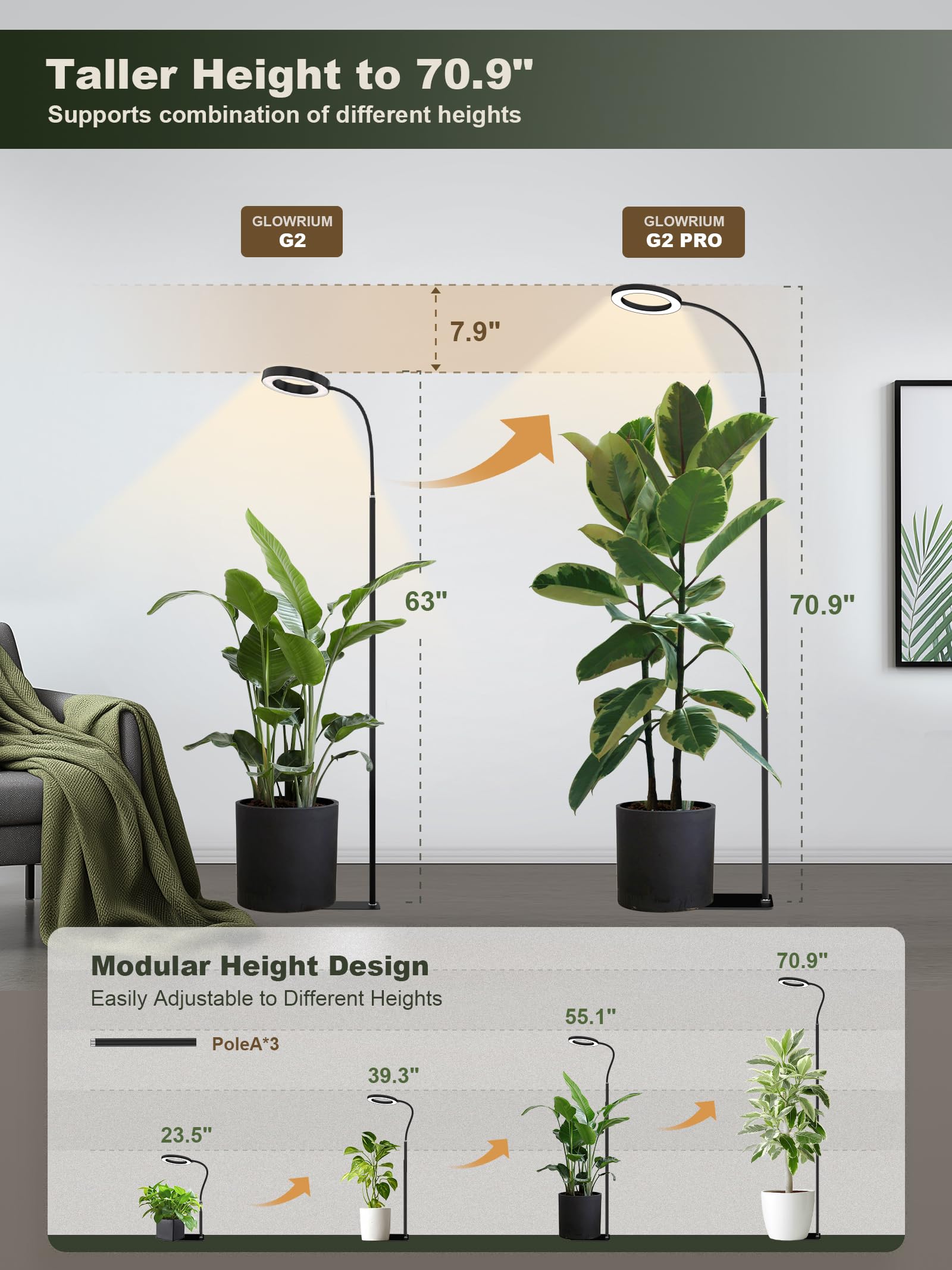 GLOWRIUM 24W grow light on tall plant setup with 360 gooseneck adjustability.