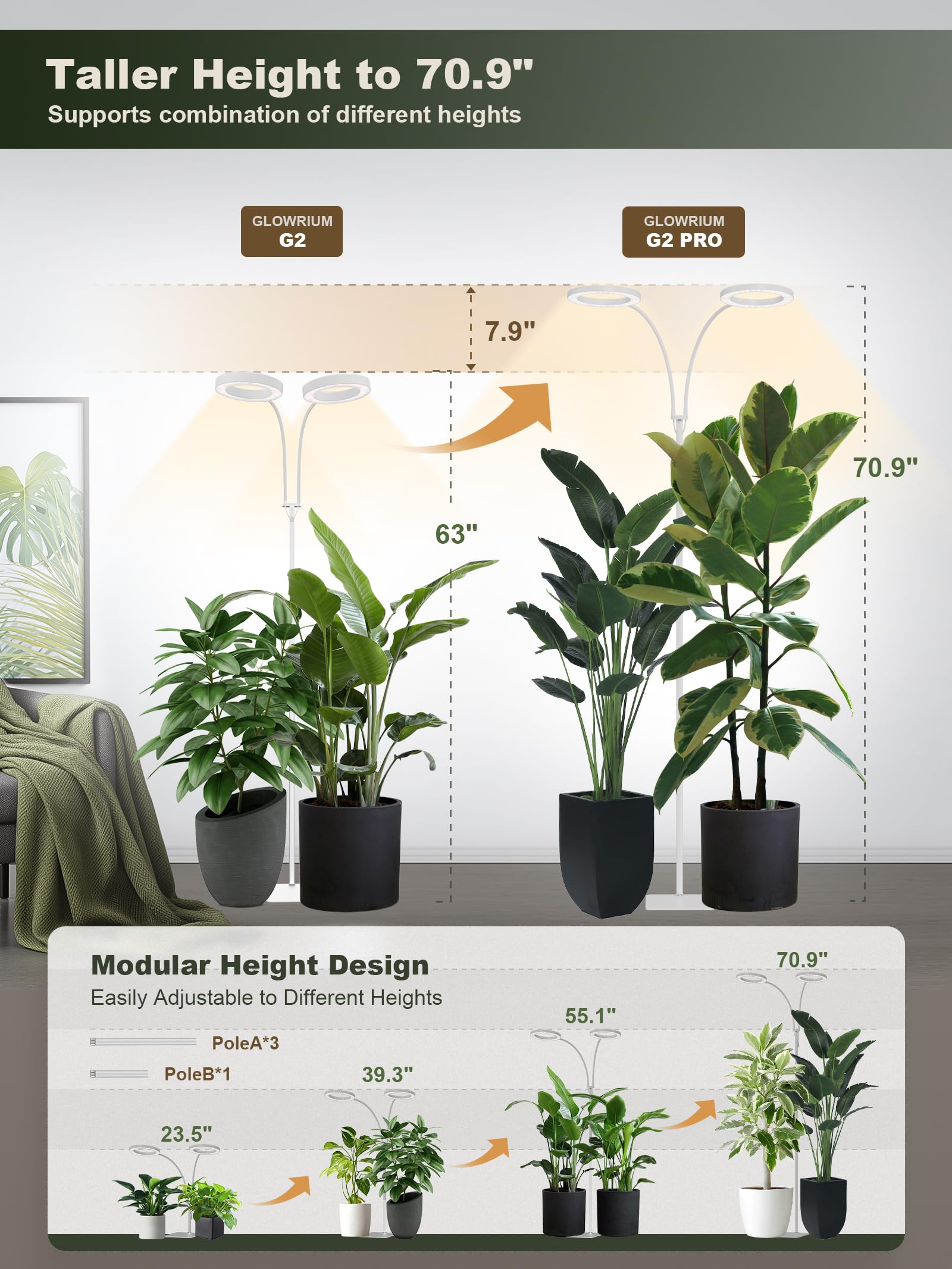 GLOWRIUM 360-degree gooseneck enables precise light placement for tall plants