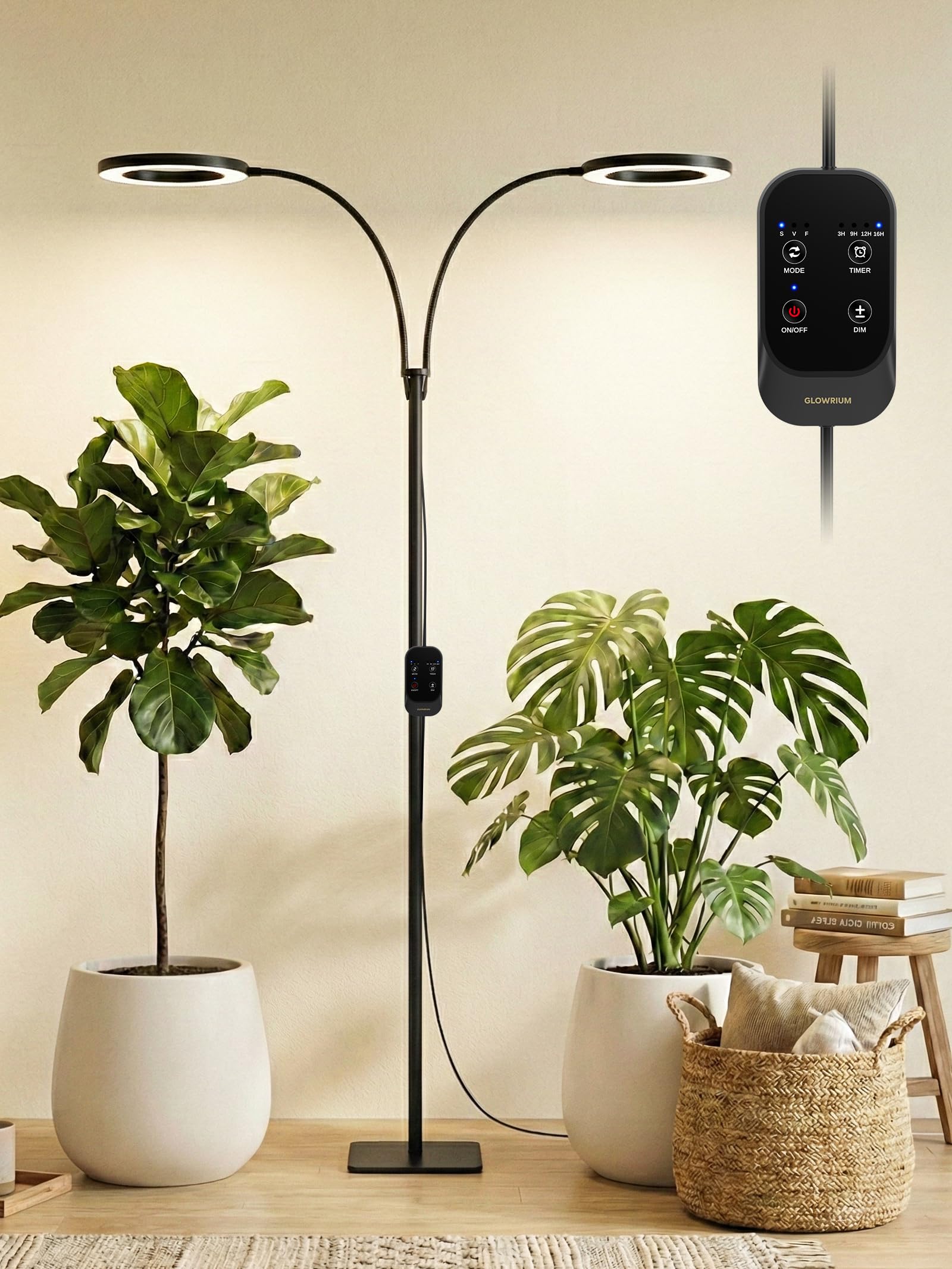 GLOWRIUM 48W dual-head grow light with full spectrum for all growth stages.