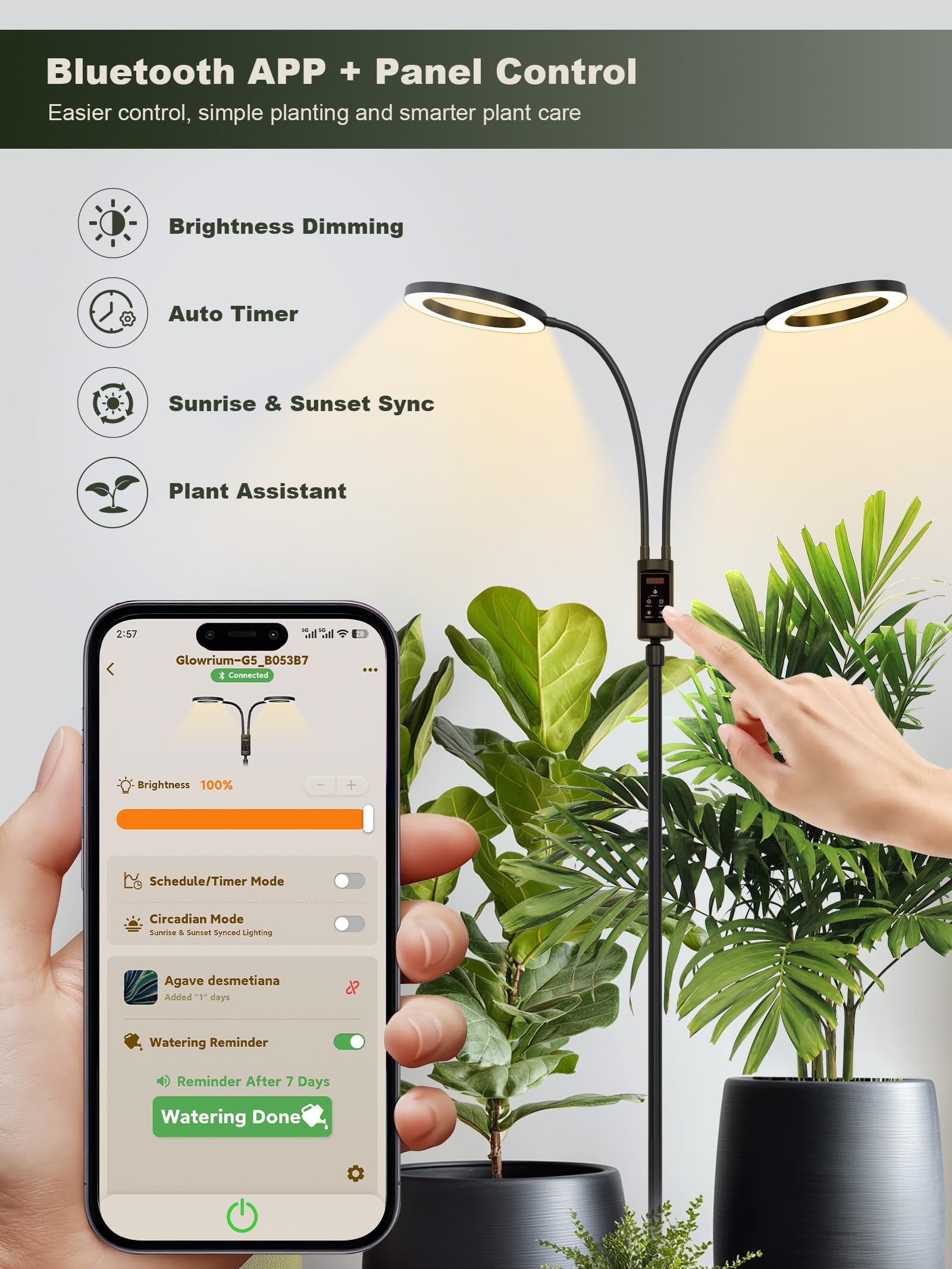 Glowrium Bluetooth app control enables easy, hands-free indoor gardening.