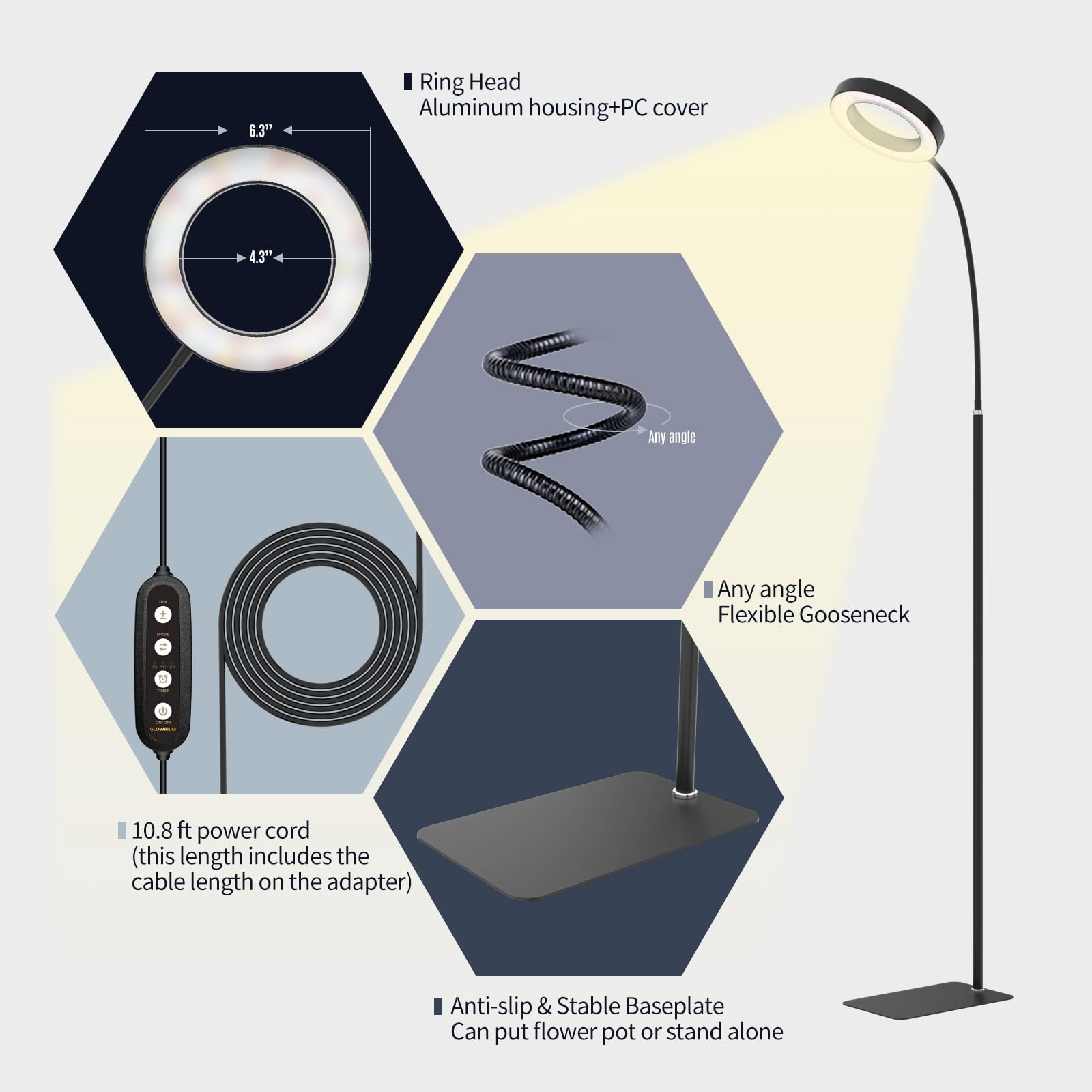 GLOWRIUM grow light height adjustment lets you tailor distance for seedlings.