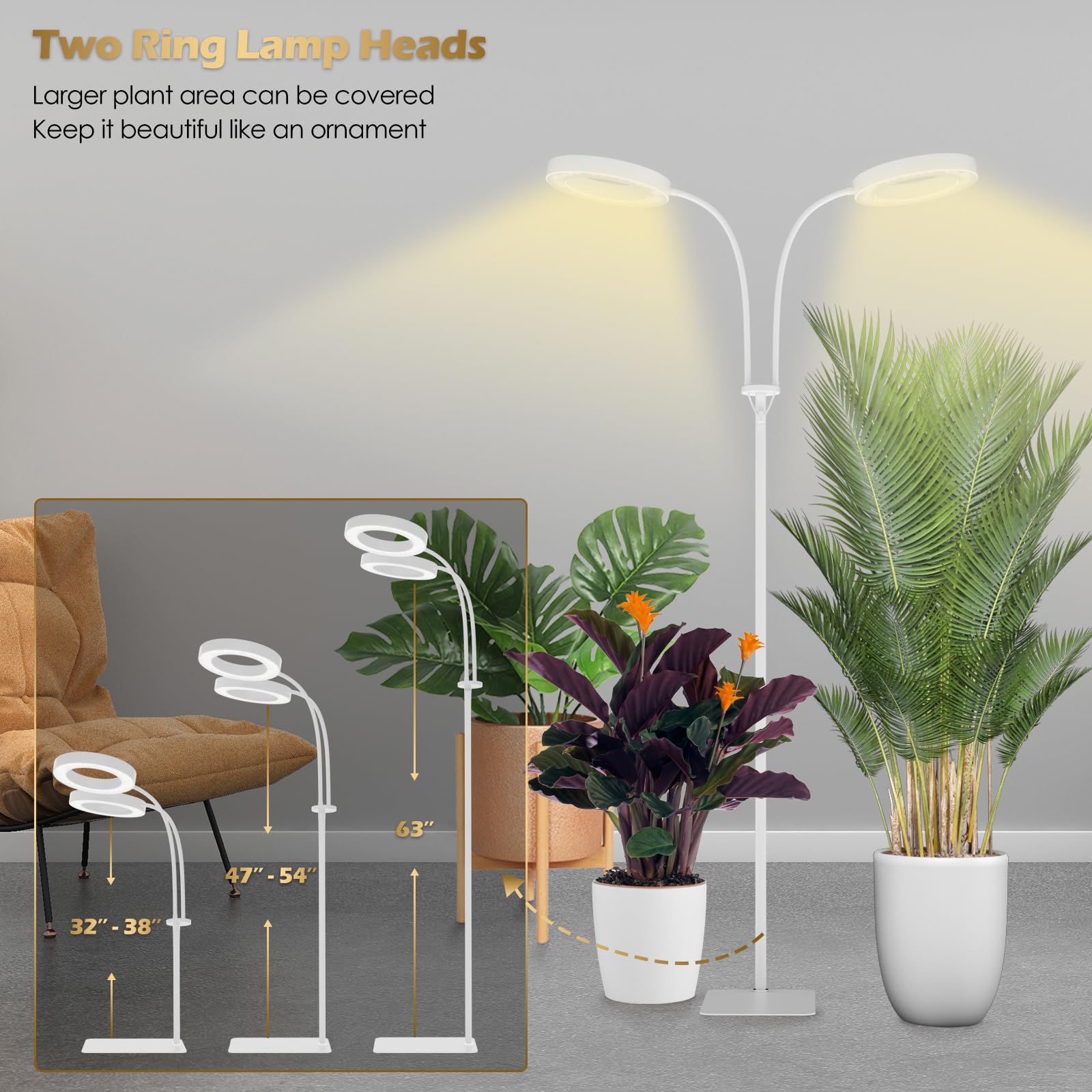 Glowrium Grow Lights adjustable height 32 to 63 inches for tall plants.