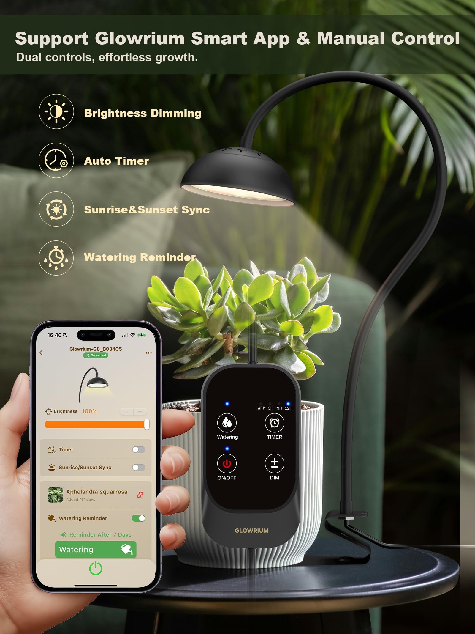 GLOWRIUM inline-control feature enables immediate brightness tweaks for plant care.