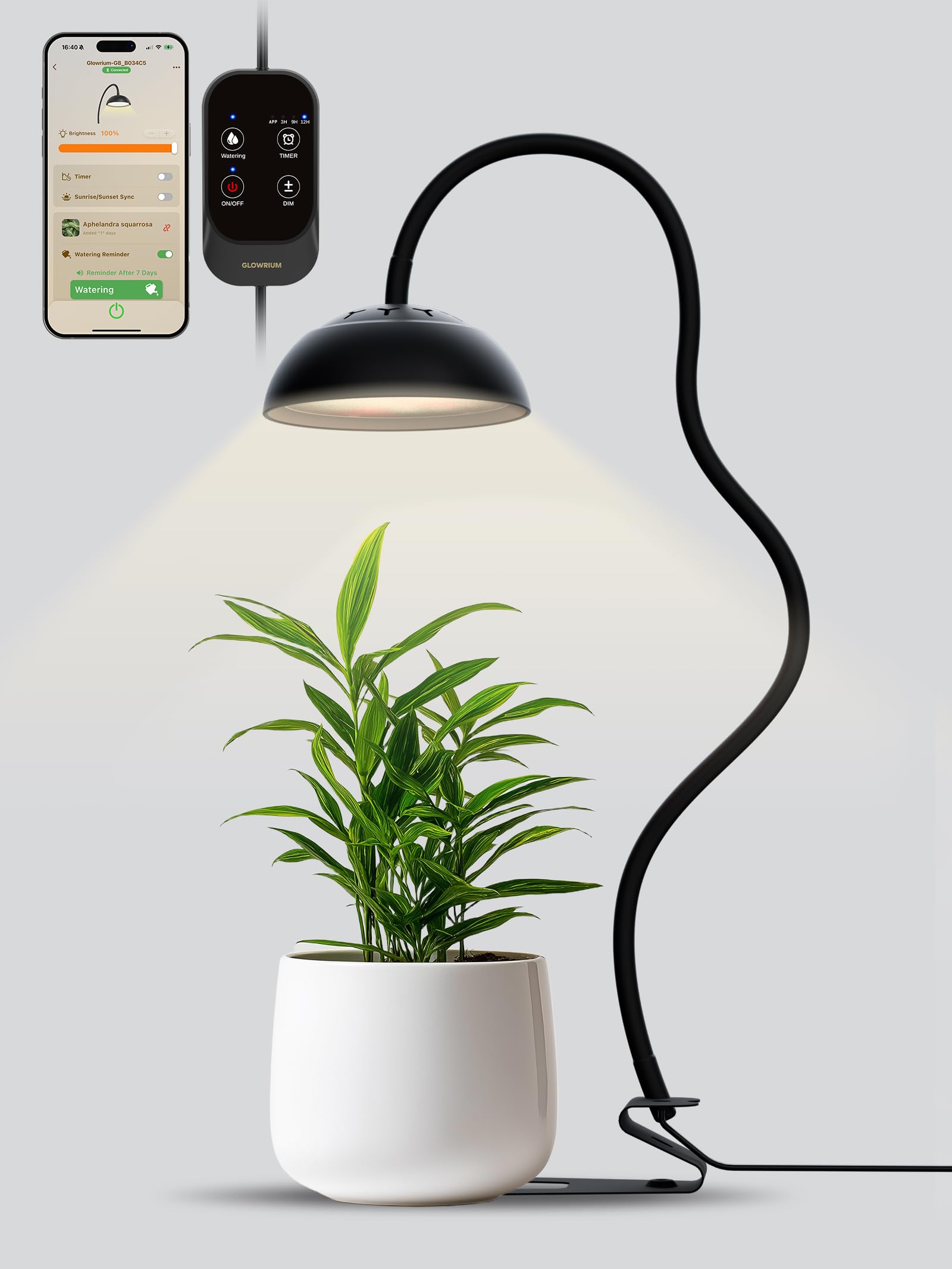 GLOWRIUM Smart Grow Light 360° gooseneck for precise, adjustable indoor plant illumination.
