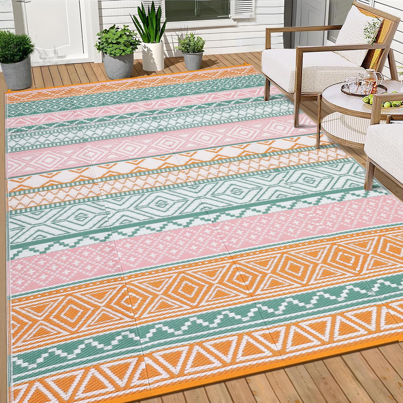 GlowSol outdoor rug black-yellow 8x10, versatile for balcony, patio, or RV living spaces.