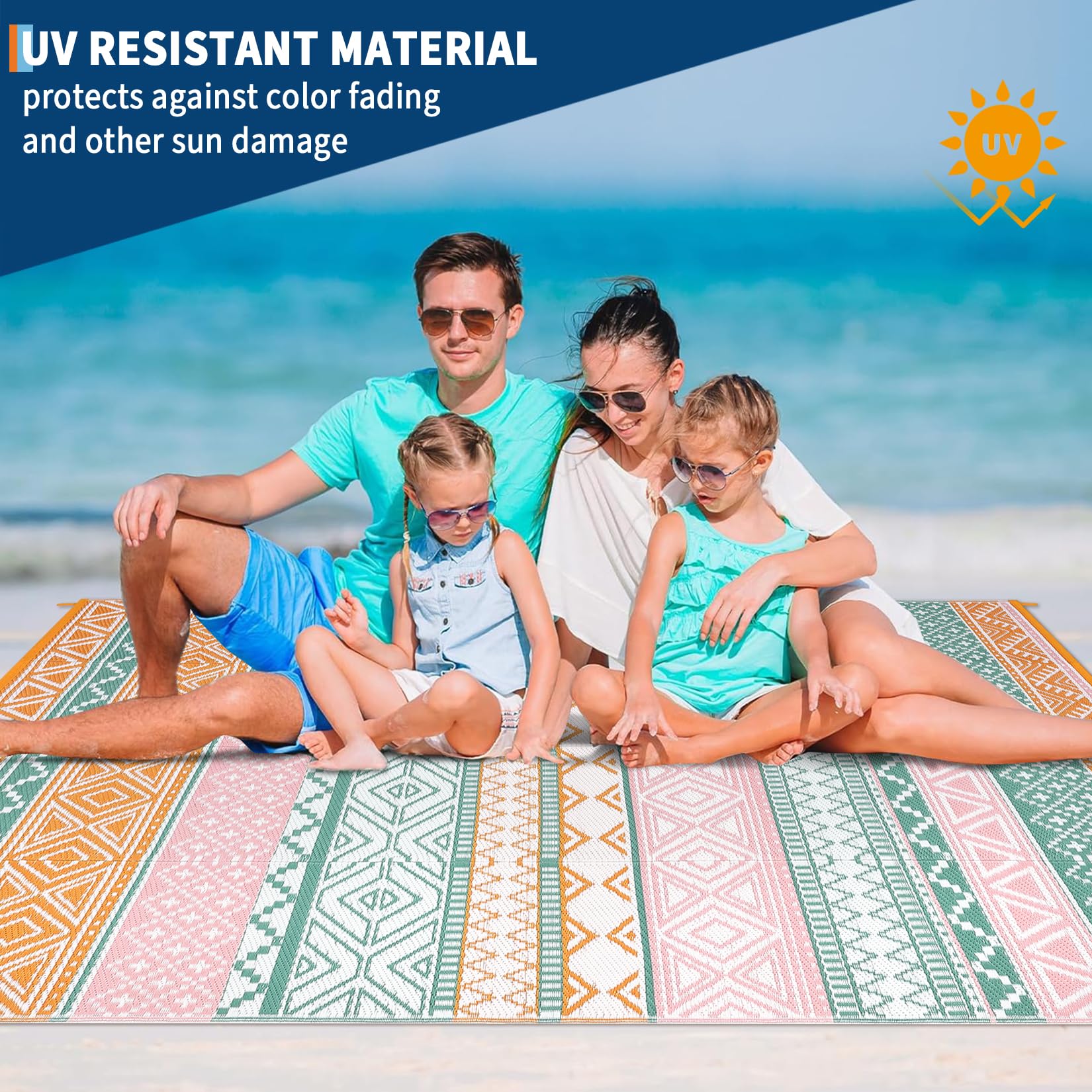 GlowSol outdoor rug blue-white 8x10, reversible design offers two looks for outdoor spaces.