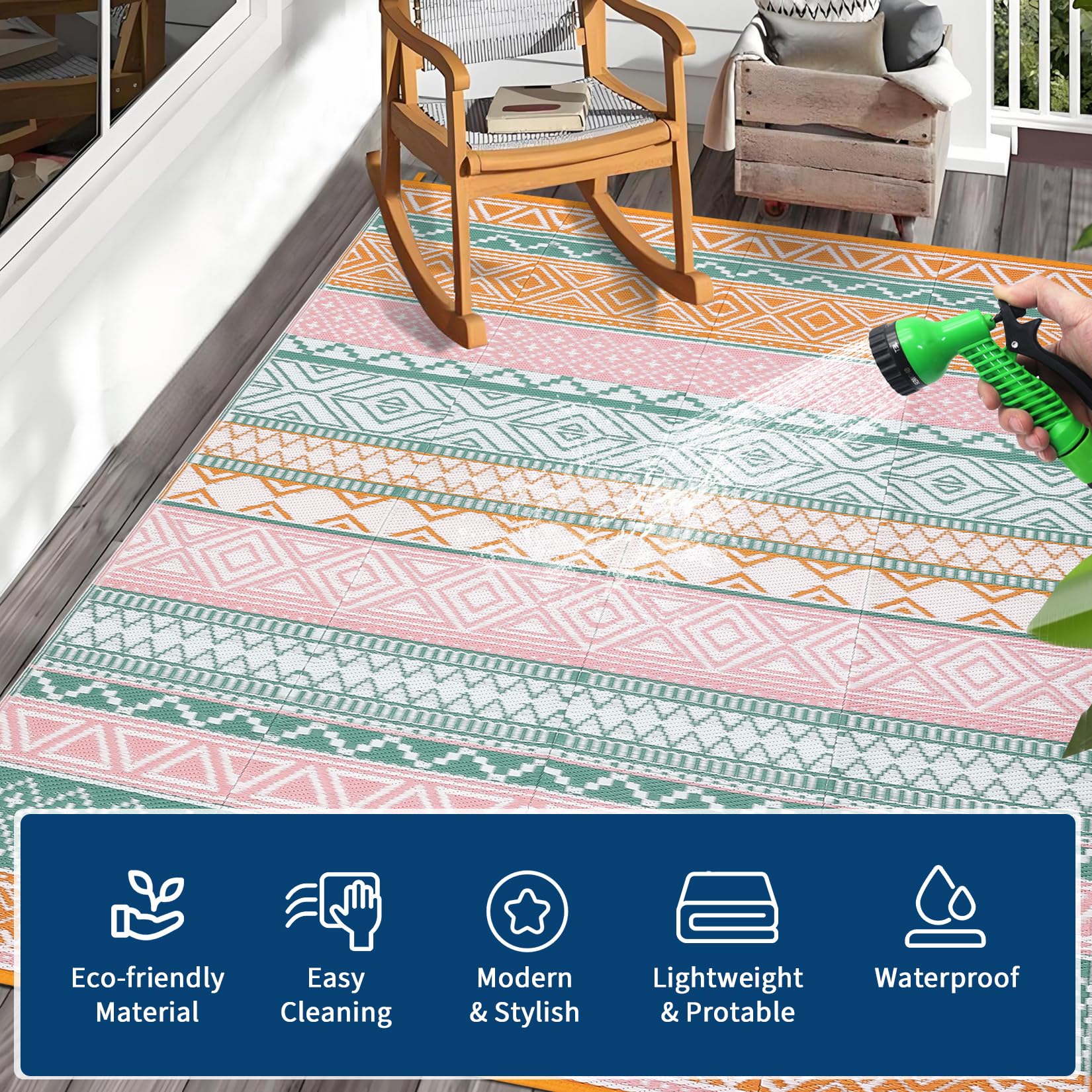 GlowSol outdoor rug green-grey 8x10, folds compact with carry bag for travel.