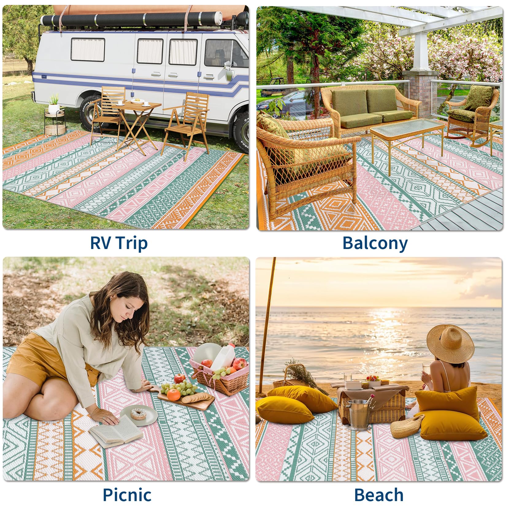 GlowSol outdoor rug grey-white 8x10, easy cleanup after outdoor meals and gatherings.
