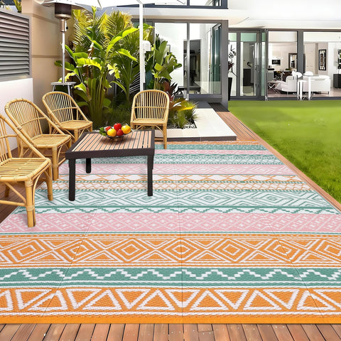 GlowSol outdoor rug yellow-green 8x10, ideal for picnics, beaches, and RV trips.