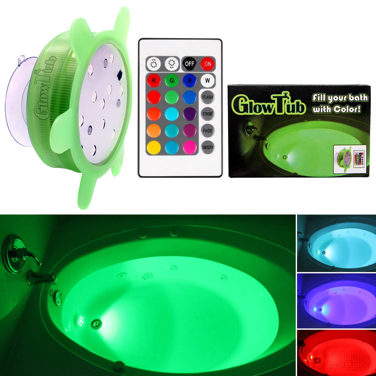 GlowTub Underwater Light in bathtub delivering vibrant color ambiance.