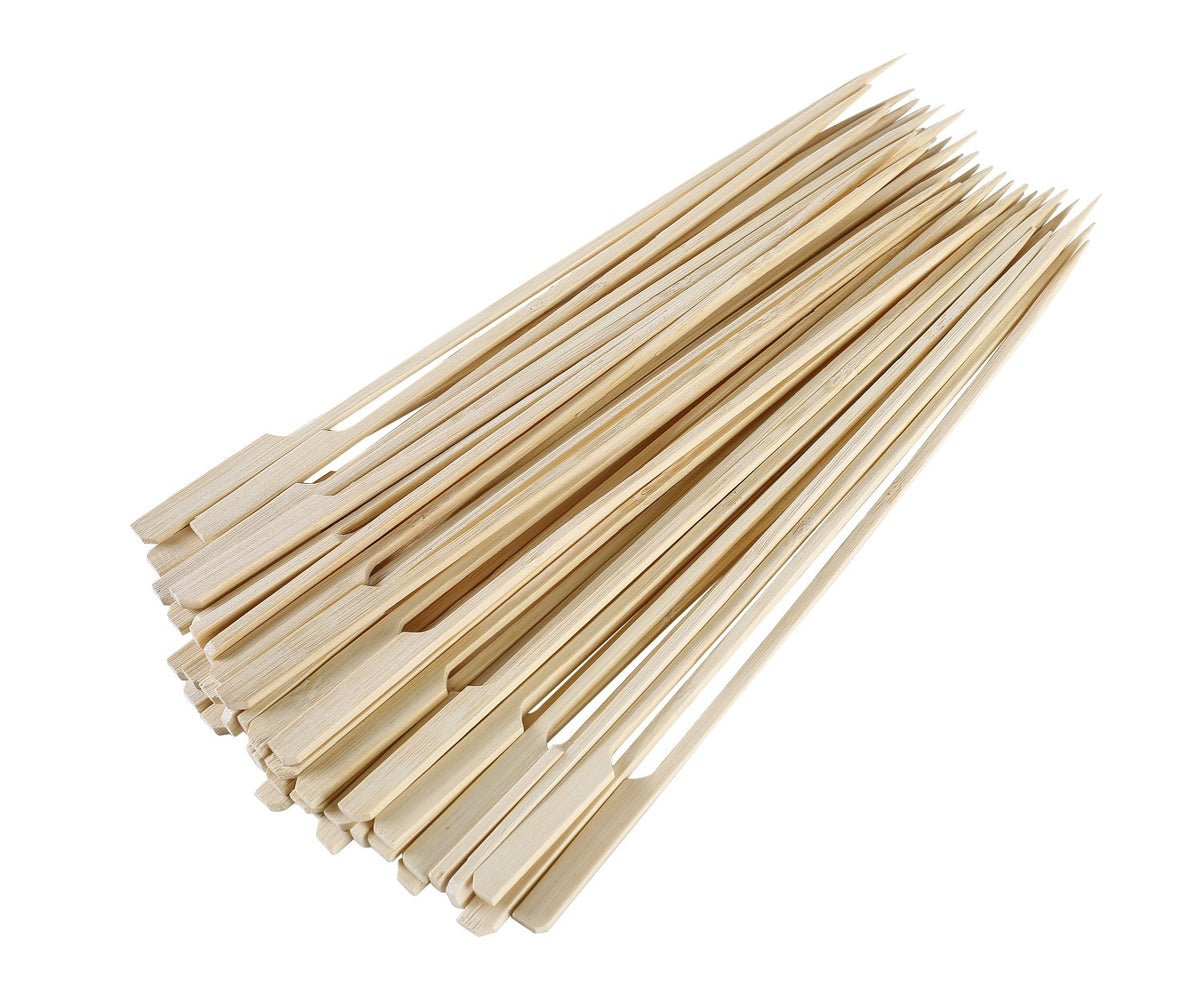 Gmark bamboo paddle skewers 10in pack, ideal for grilling and easy handling.