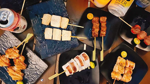 Gmark bamboo paddle skewers 8.5-inch length, easy grip for handling food.