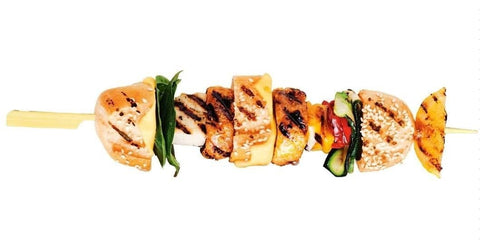 Gmark bamboo paddle skewers arranged on serving platter for tapas.
