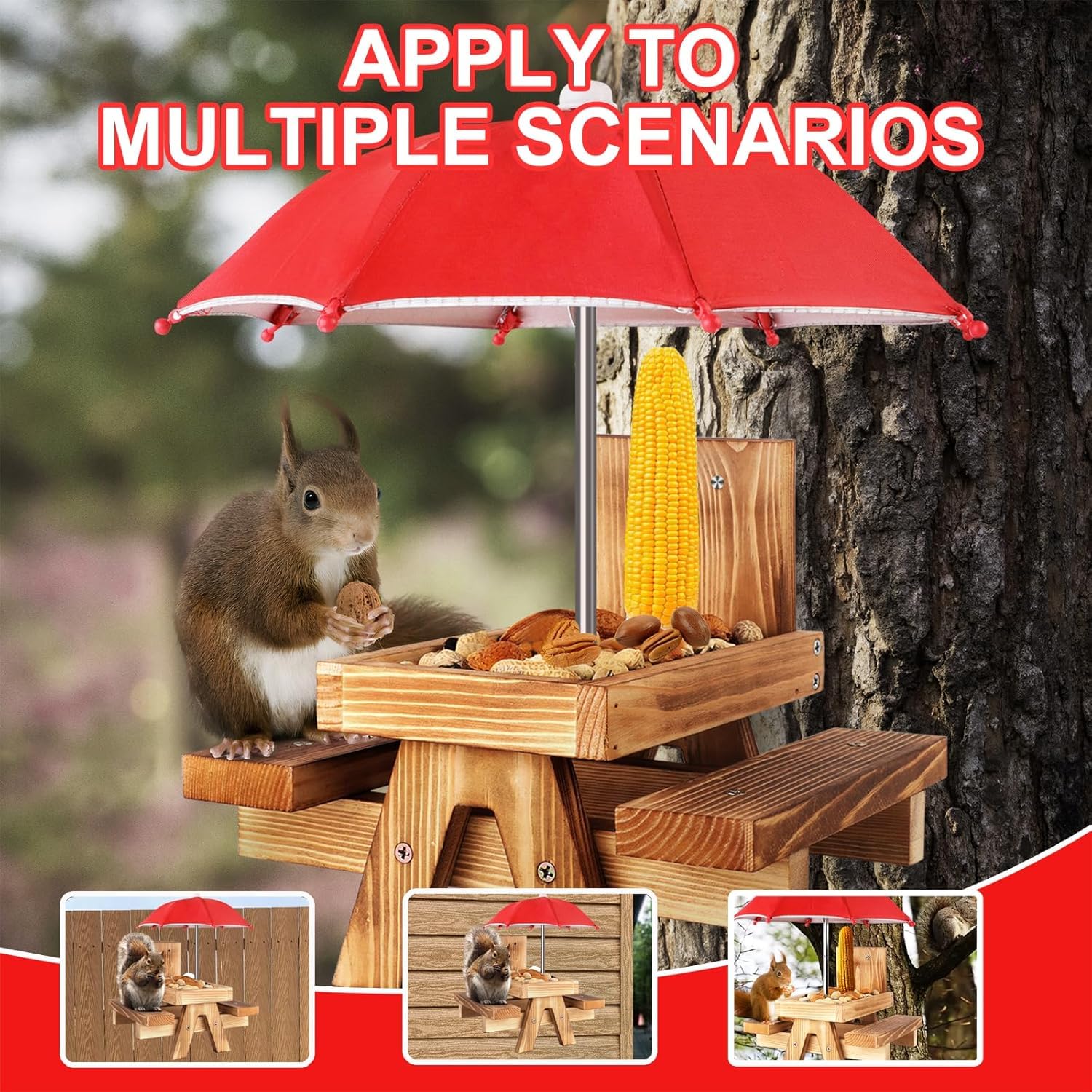Gnodry Squirrel Feeder carbonized wood features natural waterproofing for durable outdoor use.