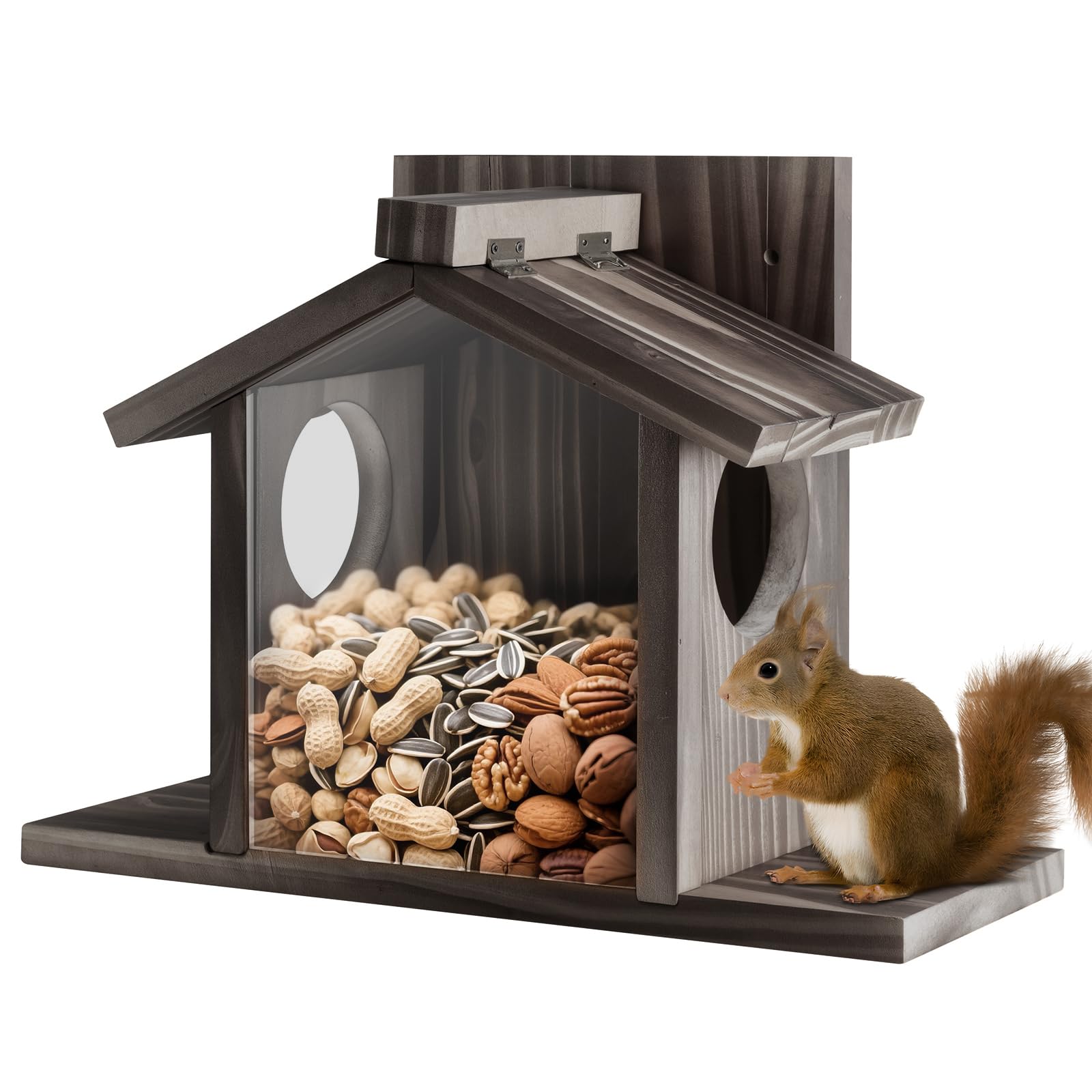 Gnodry Squirrel Feeder outdoor large tray shows ample food for daily visits, easy for wildlife to access.
