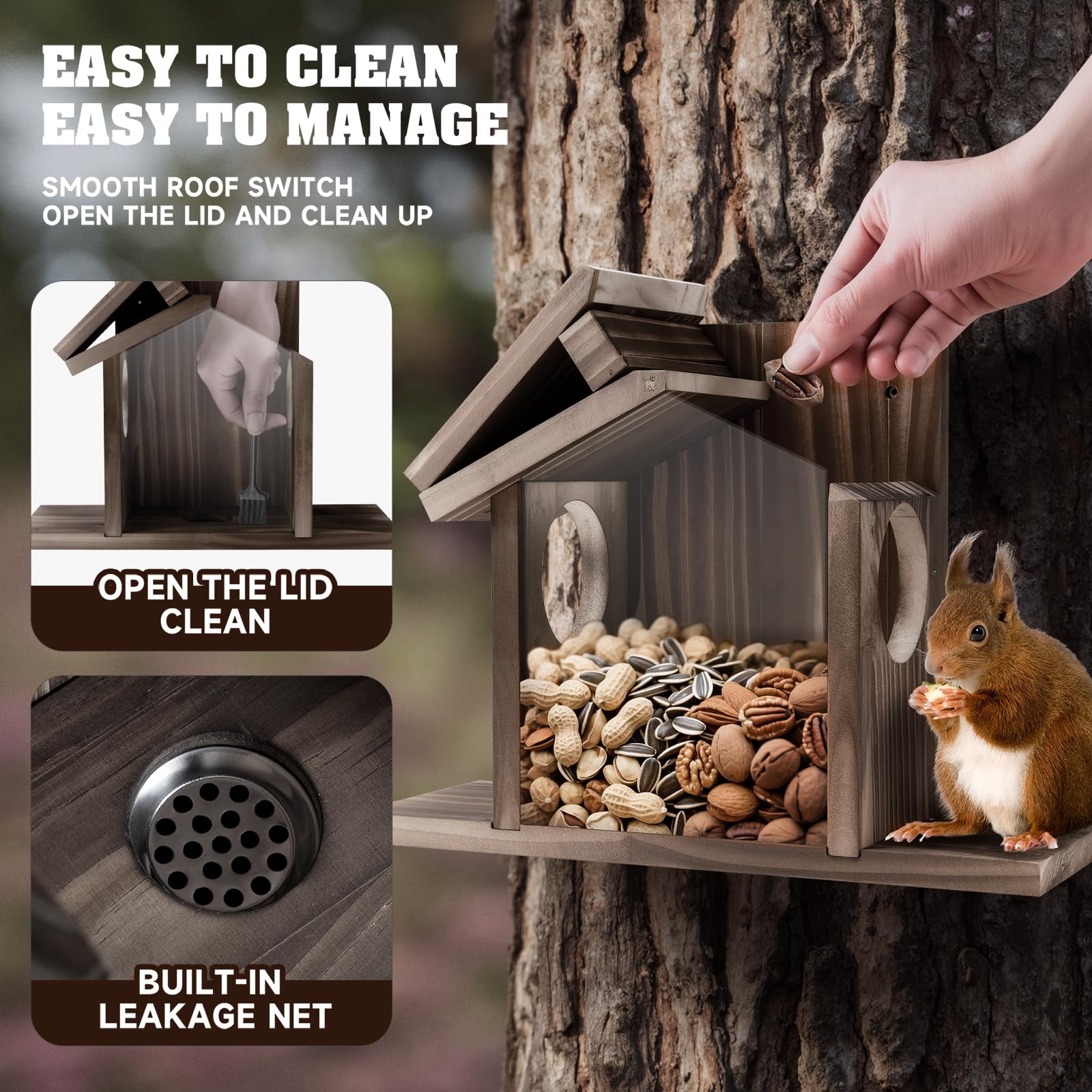 Gnodry Squirrel Feeder pine wood construction endures outdoor conditions with natural appeal.