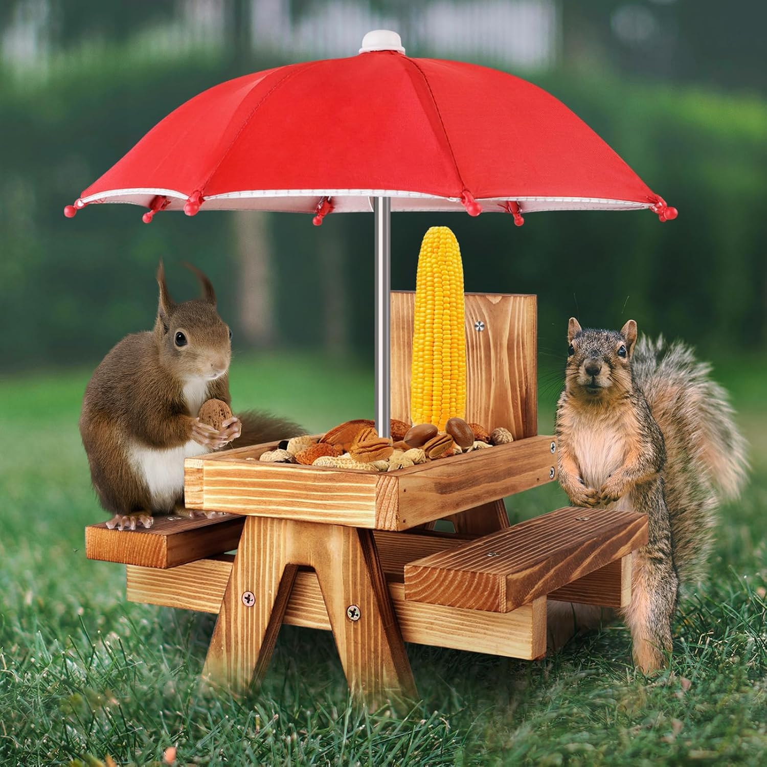 Gnodry Squirrel Feeder with Umbrella showcases a bright red canopy protecting snacks.