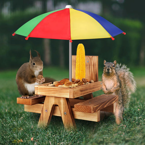 Gnodry Squirrel Feeder with Umbrella shelters wildlife while they snack outdoors