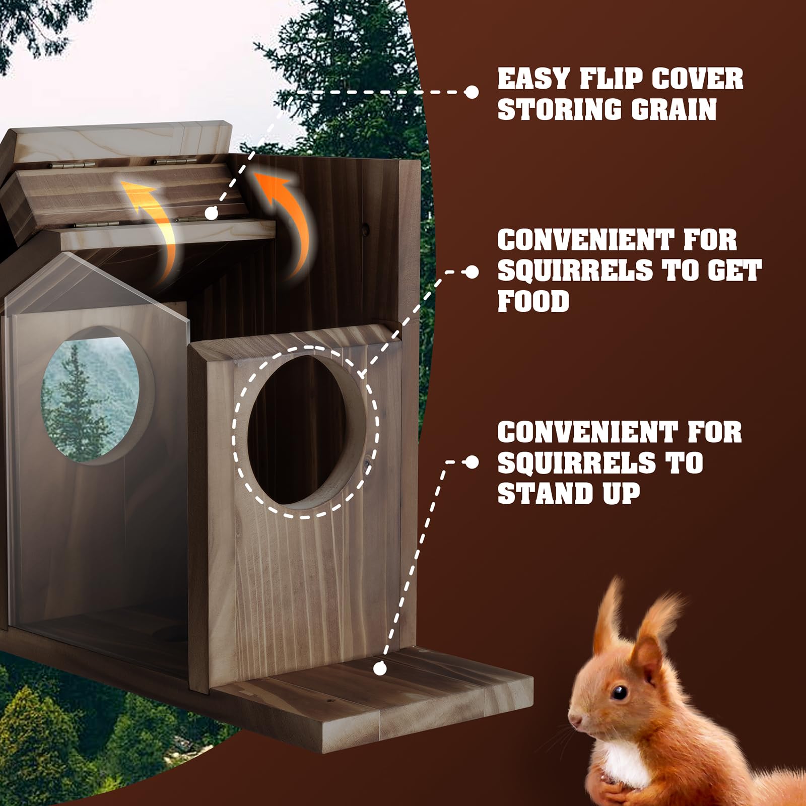 Gnodry Squirrel Feeder walnut-brown finish complements garden decor.