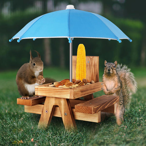 Gnodry Squirrel Feeder with umbrella provides shaded outdoor dining for squirrels.