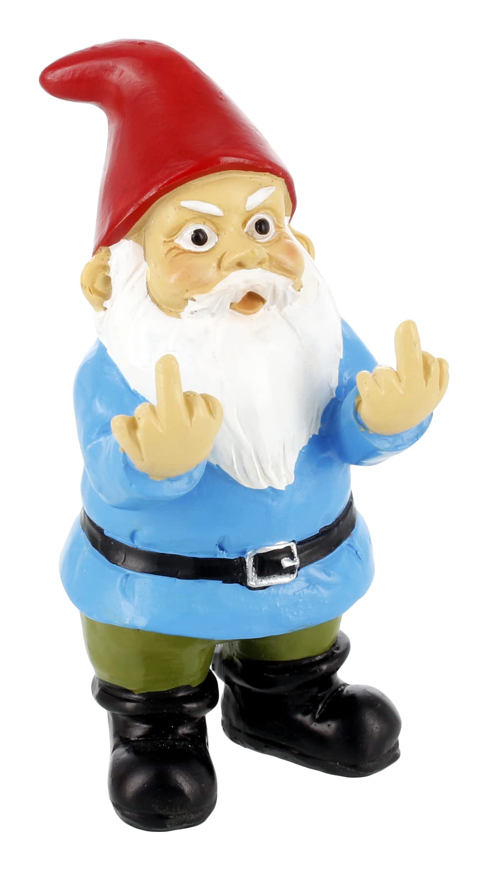 Gnometastic mini middle-finger gnome, front view, vivid hand-painted detail for outdoor decor.