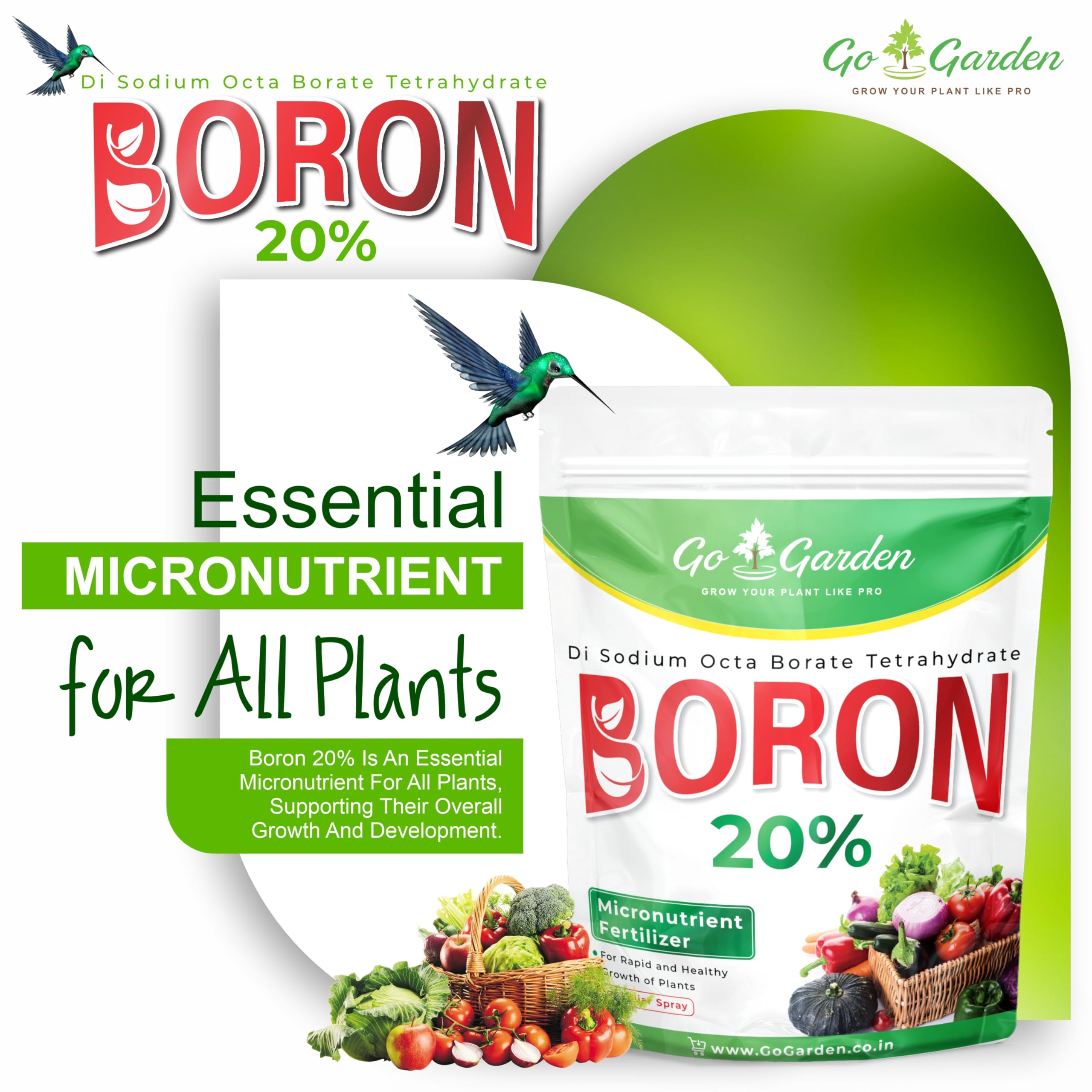 Go Garden Boron 20% packaging shows powder form ideal for easy mixing in water.