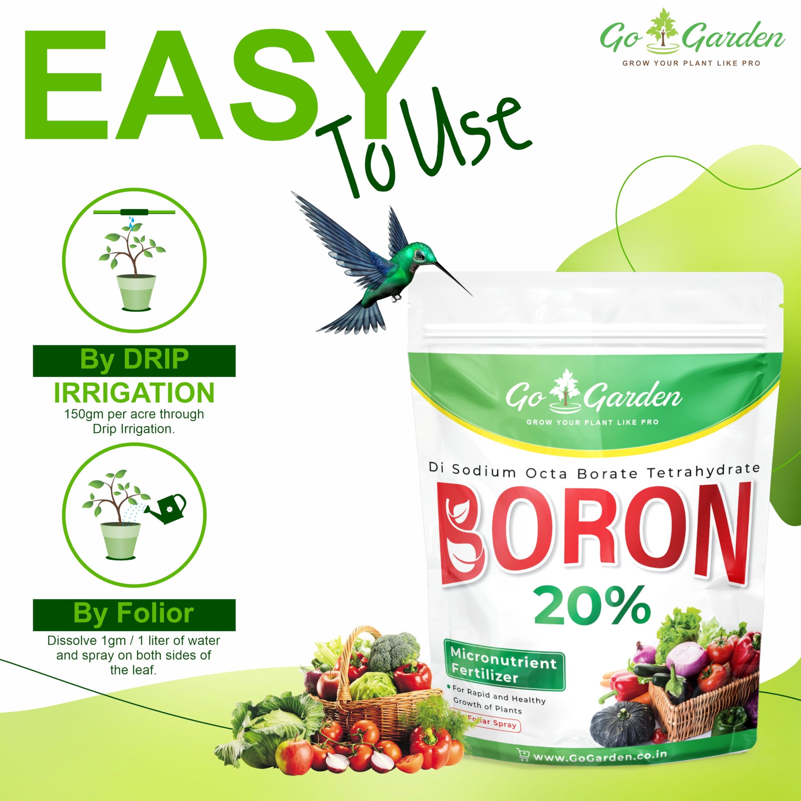 Go Garden Boron benefits citrus and fruit crops with steady growth and vigor.