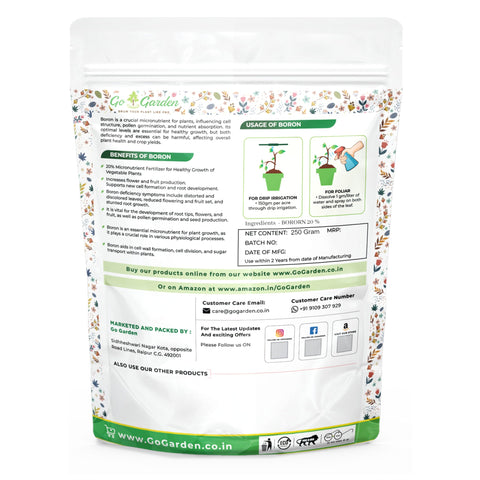 Go Garden Boron powder supports flexible application for both foliar and drip systems.