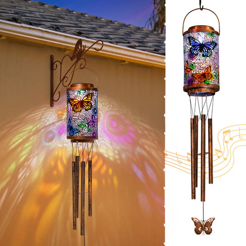 Go2garden butterfly solar wind chimes outdoor display at dawn for gentle ambience.
