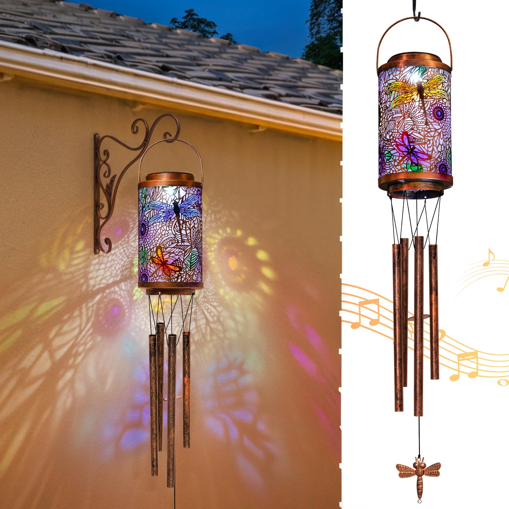 Go2garden Dragonfly solar wind chime outdoors casting soft ambient light