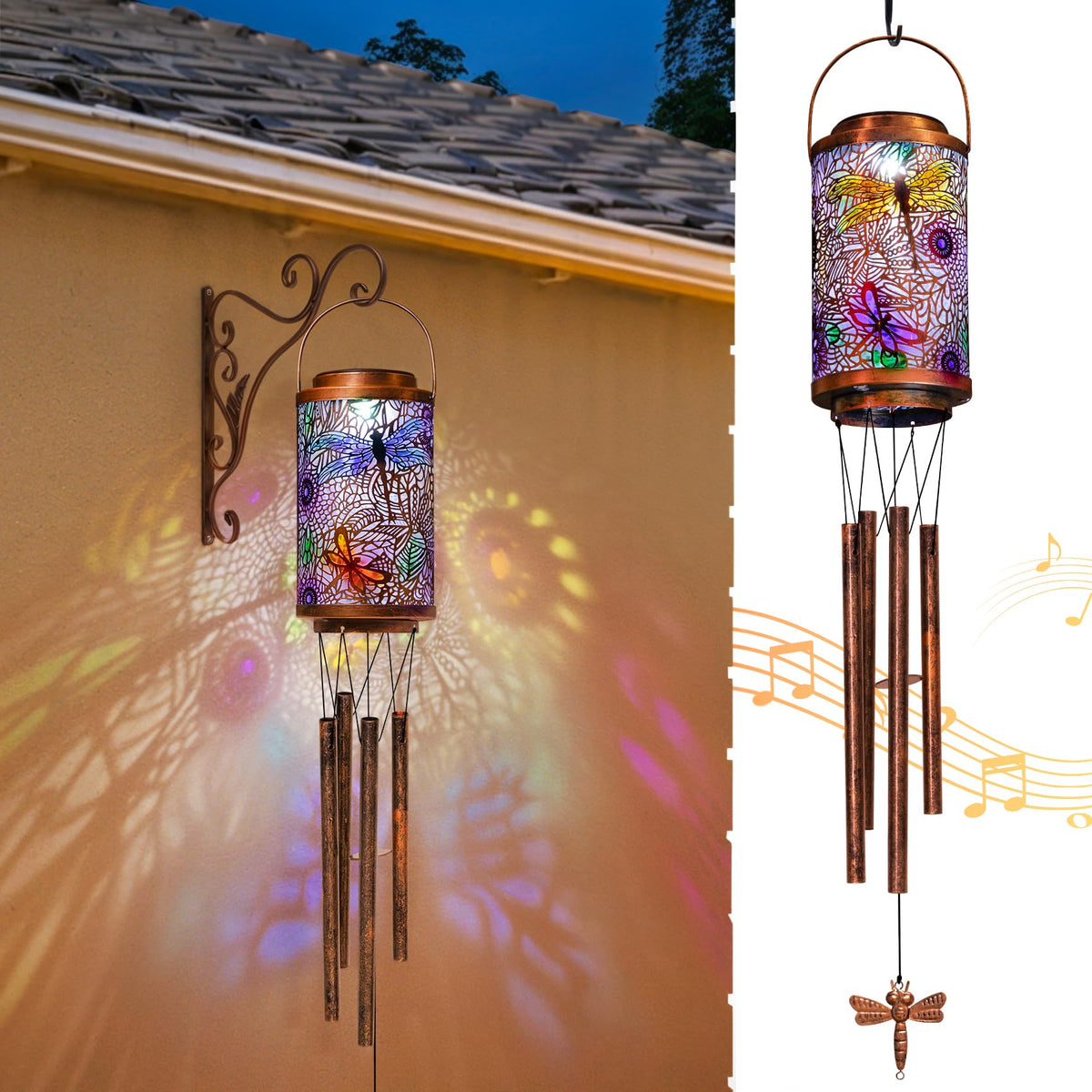 Go2garden Dragonfly solar wind chime outdoors casting soft ambient light