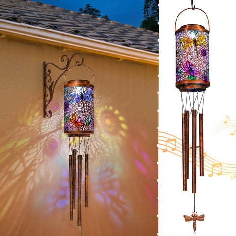 Go2garden Dragonfly solar wind chime outdoors casting soft ambient light