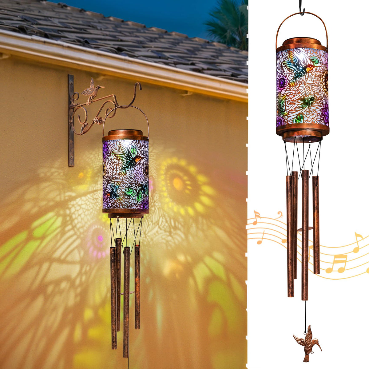 Go2garden hummingbird solar wind chimes illuminate outdoor spaces with a gentle melody.