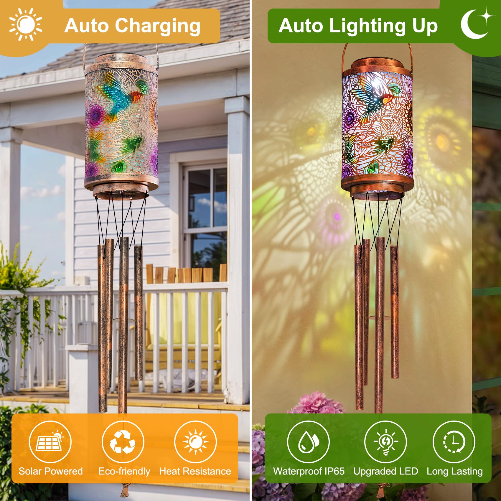 Go2garden solar wind chimes create garden ambiance after sunset.