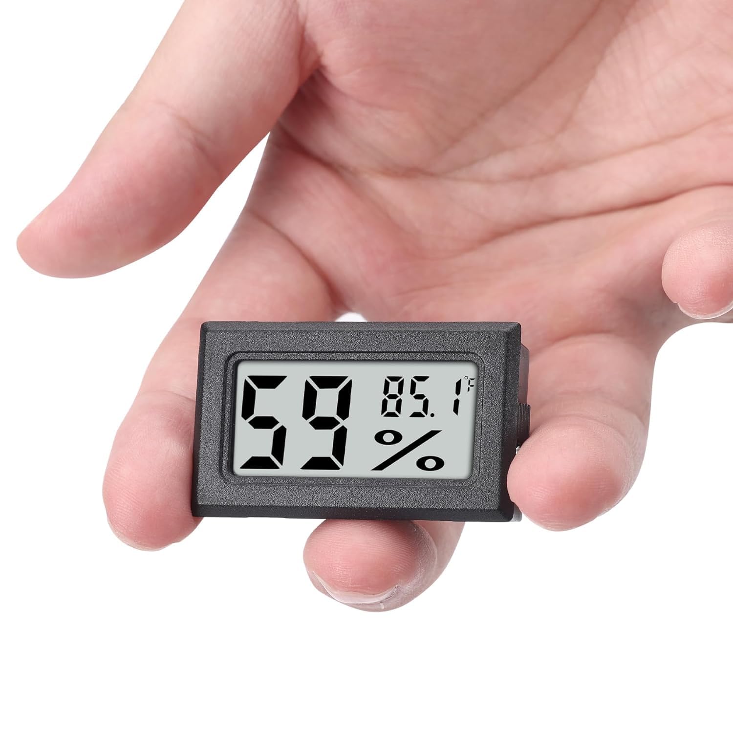 Goabroa mini hygrometer display front shows quick humidity and temperature readings