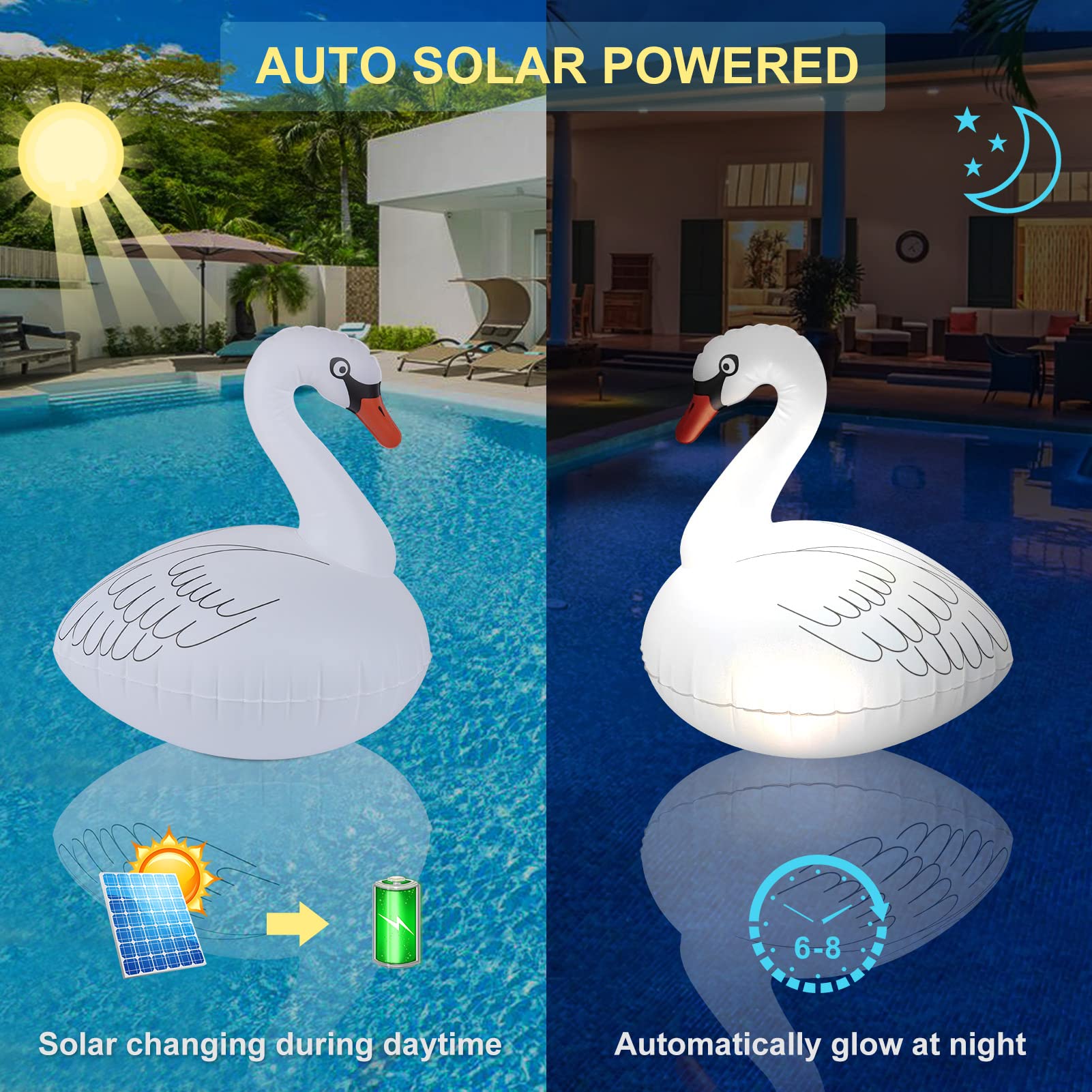 Goallim color-changing swan lights provide vibrant hues for poolside events