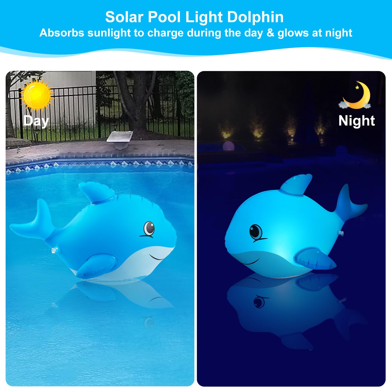 Goallim dolphin solar pool light charges in sun and auto-lights at night