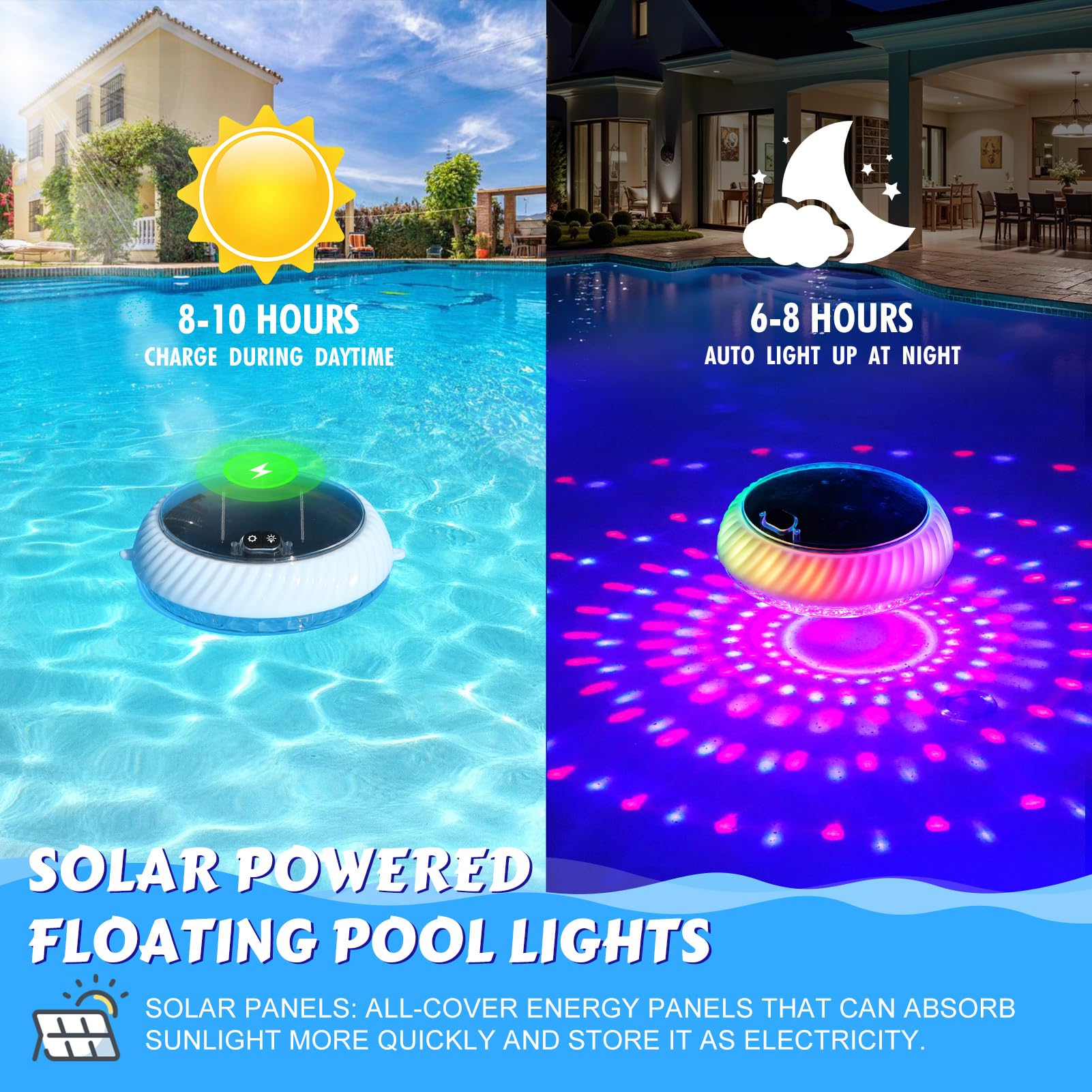 Goallim floating pool light in color cycle mode for dynamic mood lighting.
