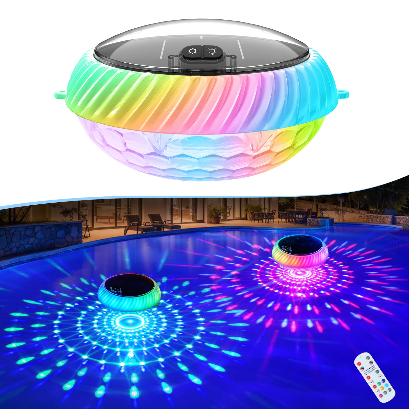 Goallim floating pool light top view with vivid RGB colors for party ambiance.