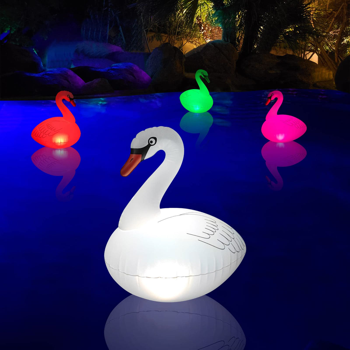 Goallim Swan floating light adds colorful ambience to pool at night