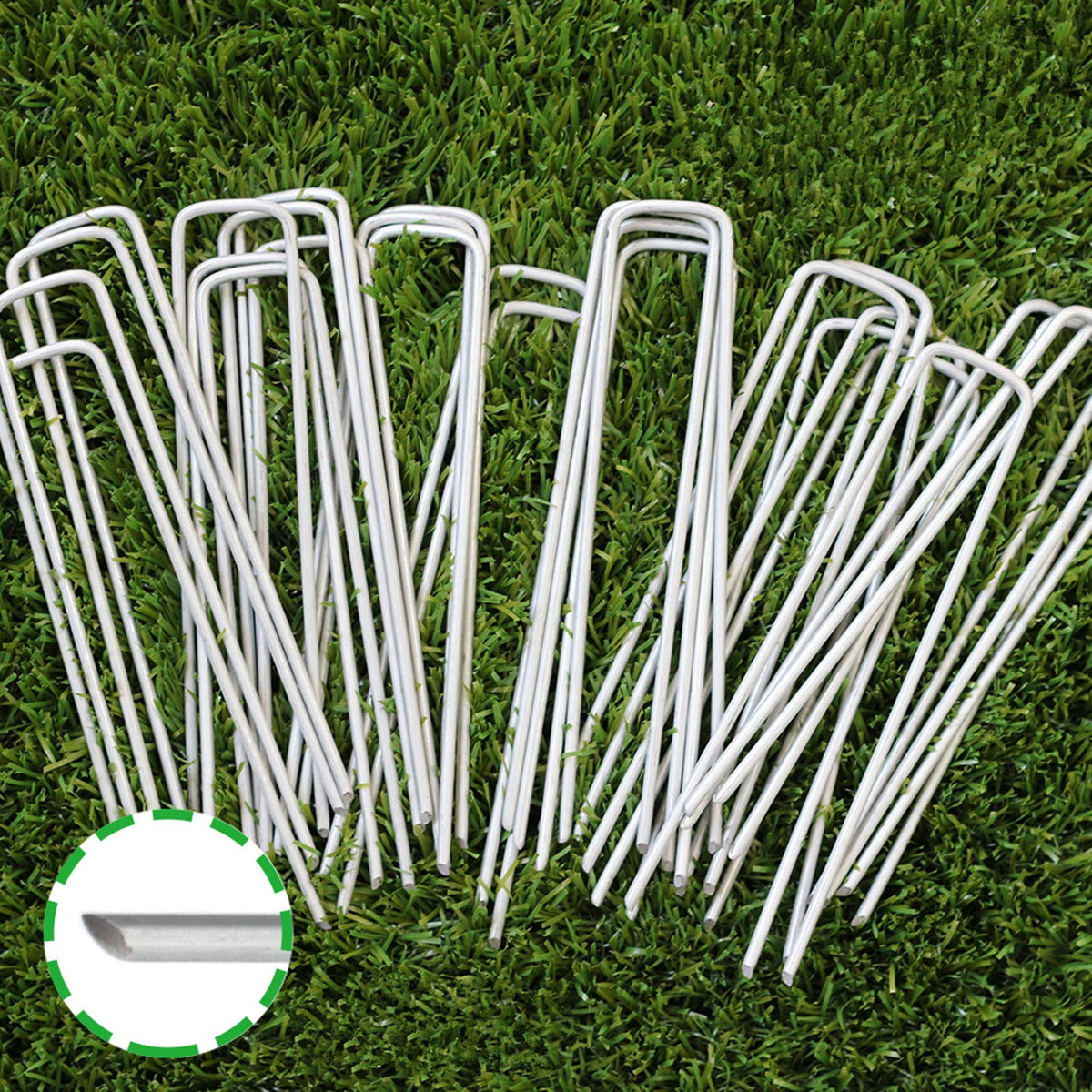 Goasis Lawn 6-inch galvanized stake providing strong ground hold.